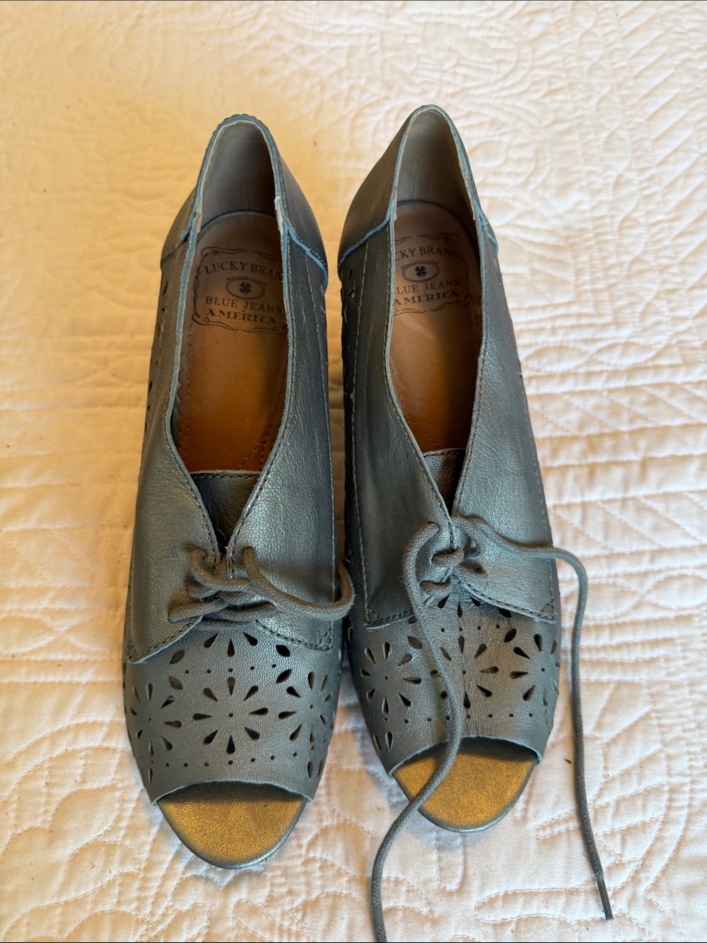Lucky Brand Gray Leather Perforated Peep-Toe Lace-Up heels